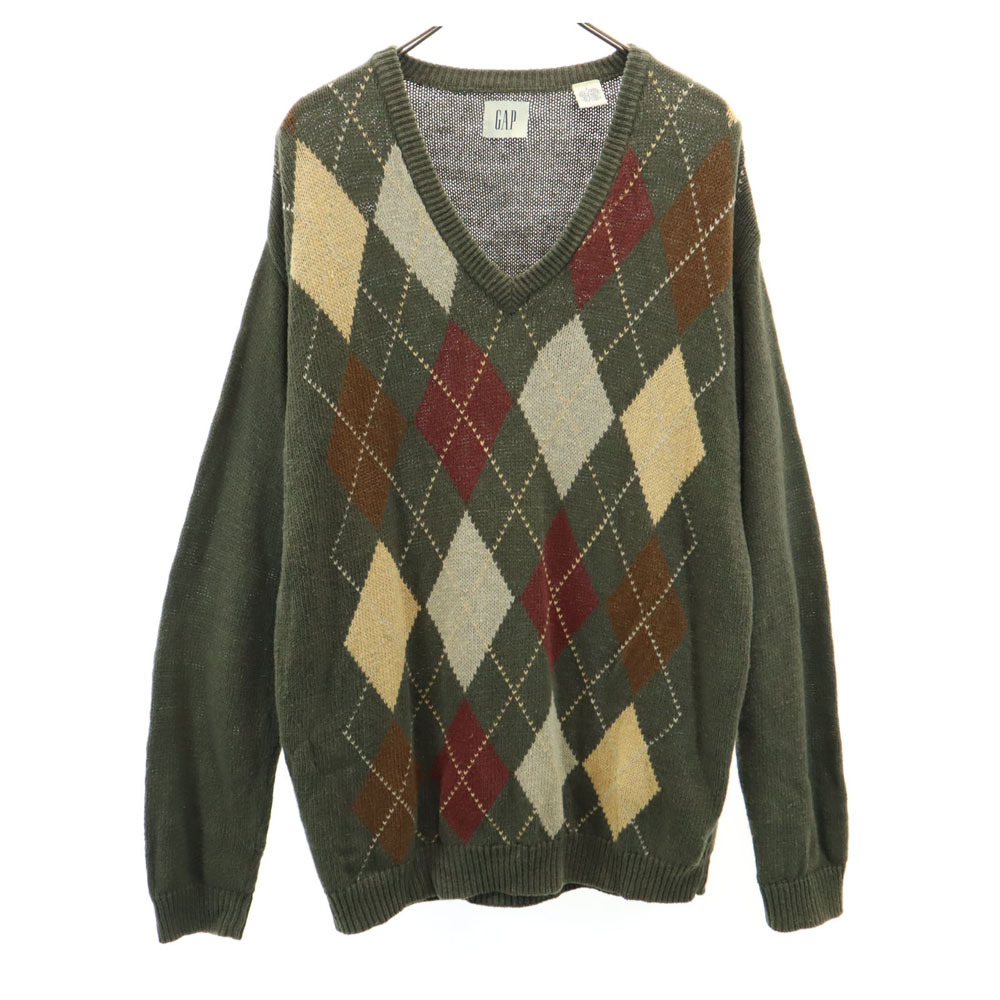 ギャップ 90s リネンブレンド 白タグ オールド アーガイル 長袖 コットンニット セーター L グリーン系 GAP メンズ拍卖