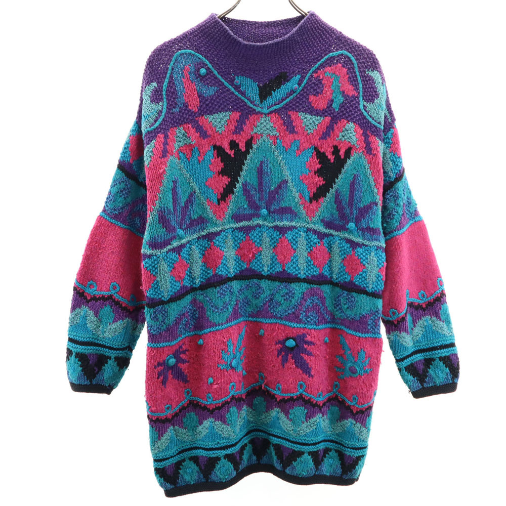 SEGRETS SUN PRINTS 90s リネンブレンド オールド 総柄 長袖 チュニック丈 セーター L ブルー系 ニット レディース拍卖