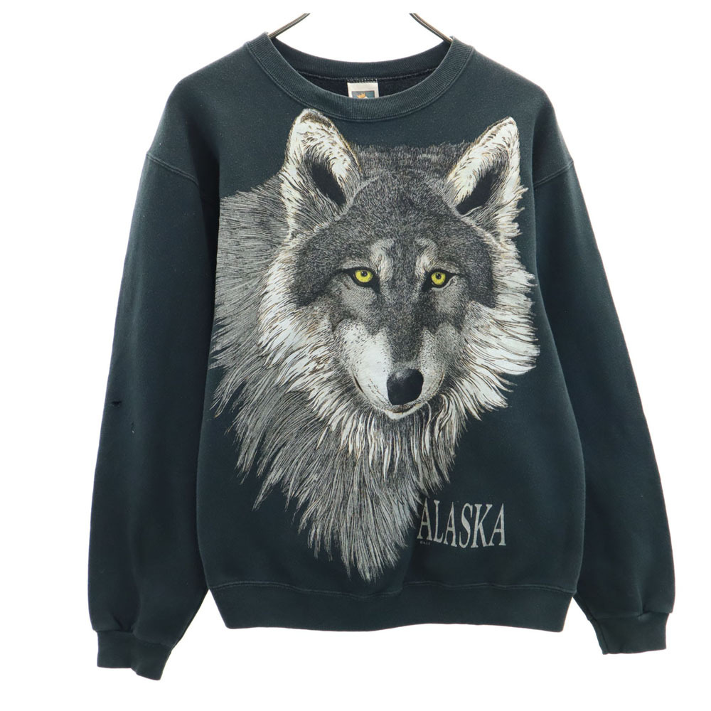 COTTON DELUXE FLEECE 90s オールド USA製 アニマルプリント 長袖 スウェット S ブラック 裏起毛 トレーナー メンズ拍卖