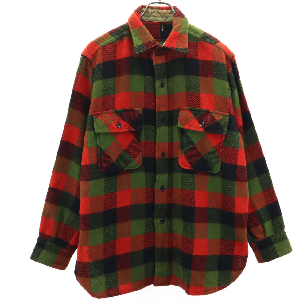 ヴィンテージ 50s 60s マチ付き ウールブレンド チェック柄 長袖 ウールシャツ レッド×グリーン VINTAGE メンズ拍卖