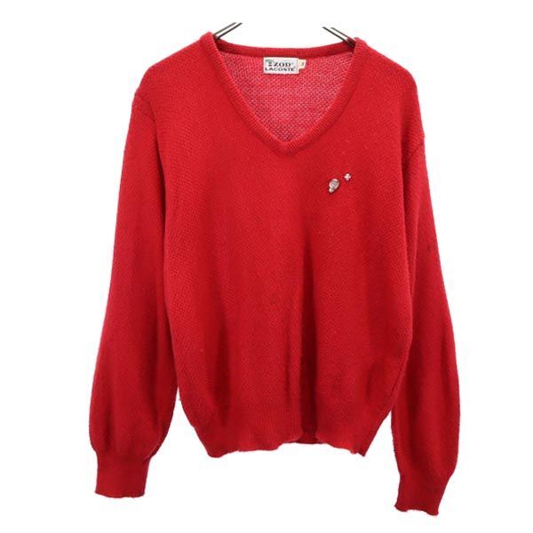 アイゾッドラコステ 70s USA製 ヴィンテージ 糸巻きタグ 長袖 Vネック ニット M レッド IZOD LACOSTE セーター メンズ拍卖