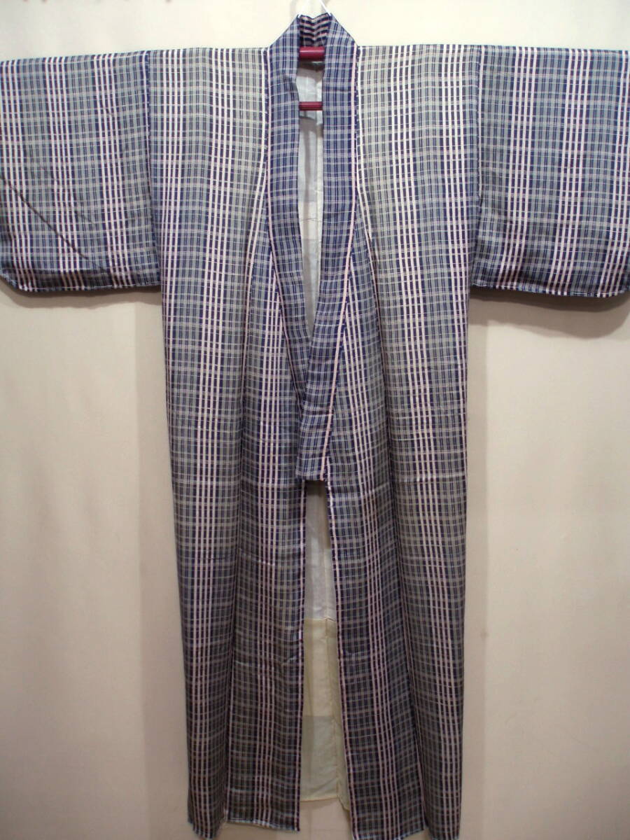 L51539【生地取り用 リメイク用 着用用 古布 正絹 ちりめん 格子柄】古い 着物拍卖