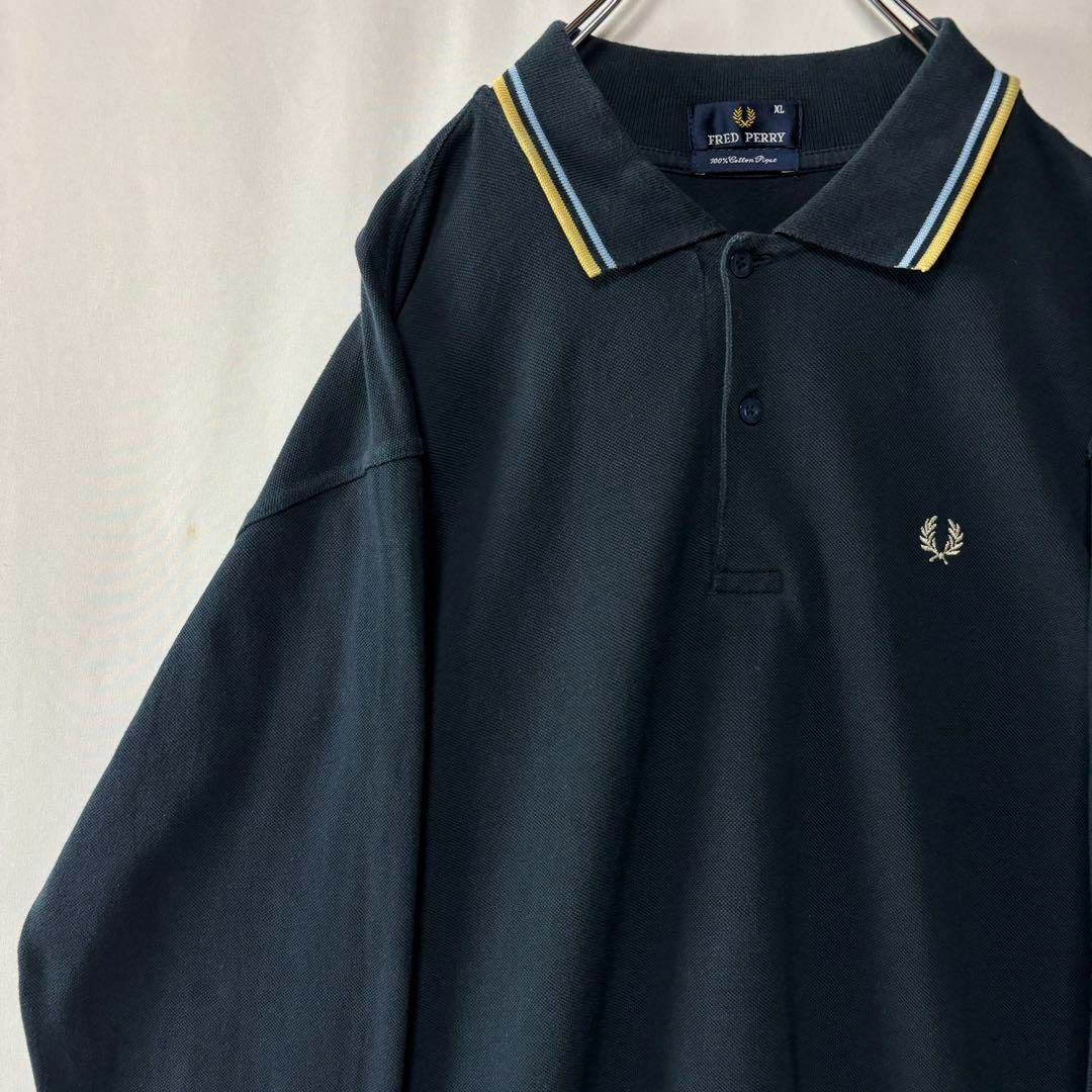 フレッドペリー ポロシャツ 刺繍ロゴ 長袖シャツ 古着 XLサイズ ネイビー拍卖