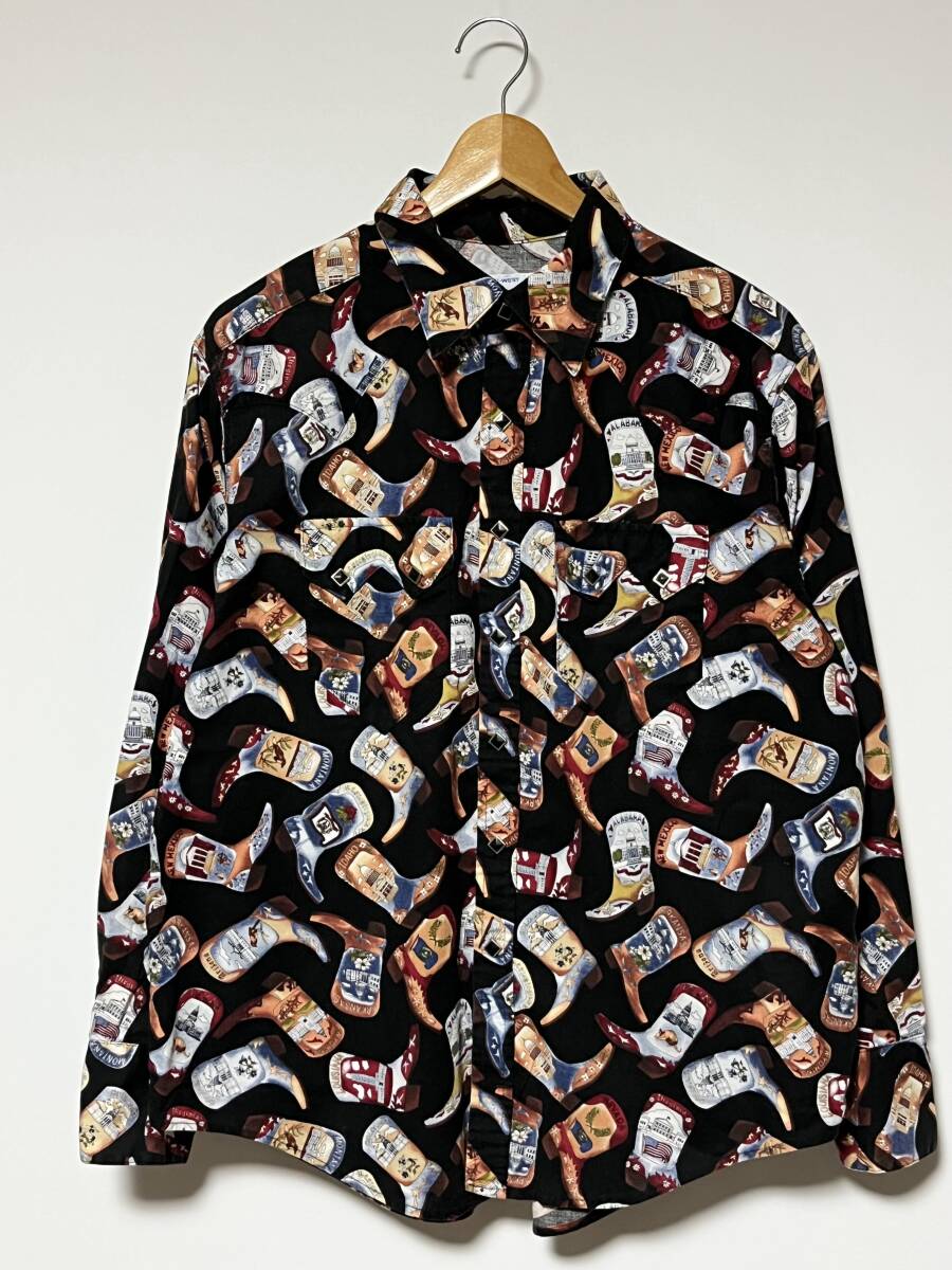 美品/レア/ウエスタンブーツ★Rock Mount/ロックマウント USA製 総柄 菱形ボタン ウエスタンシャツ ブラック/黒 16 1/2 ビンテージ拍卖