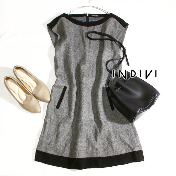 美品 INDIVI インディヴィ 大人可愛い ウールMIX ライトツイード ワンピース 38号 M 秋 冬 24C10拍卖