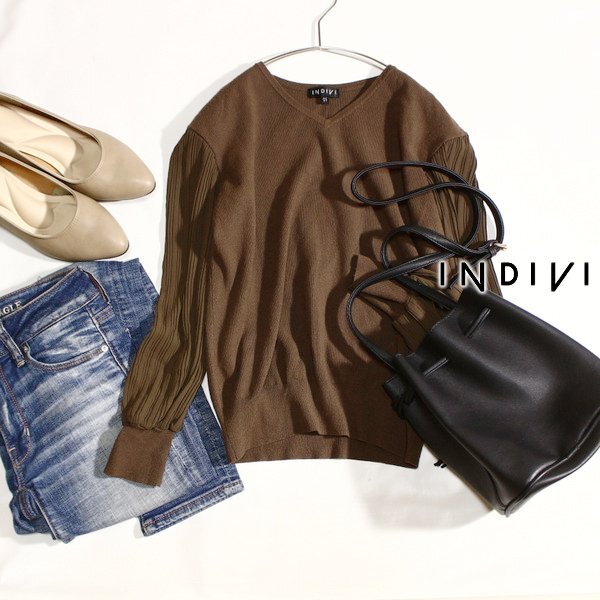 美品 INDIVI インディヴィ ジョーゼットシフォン切り替え ストレッチニット プルオーバー 05号 春 秋 合服 24C09拍卖