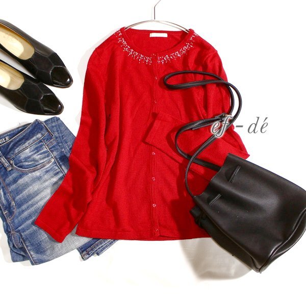 美品 (株)フランドル ef-de エフデ ウール100% 綺麗めビーズ付き ニット カーディガン 9号 M 秋 冬 24C11拍卖