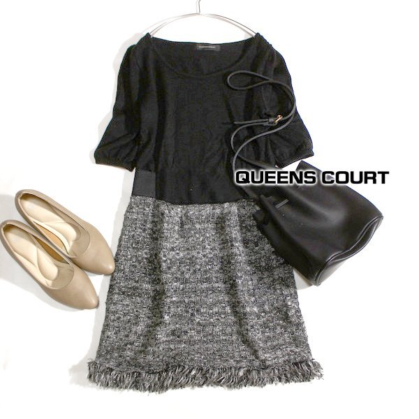 美品 QUEENS COURT クイーンズコート 編み地切り替え ツイードニット ワンピース 2号 M 秋 冬 24C11拍卖