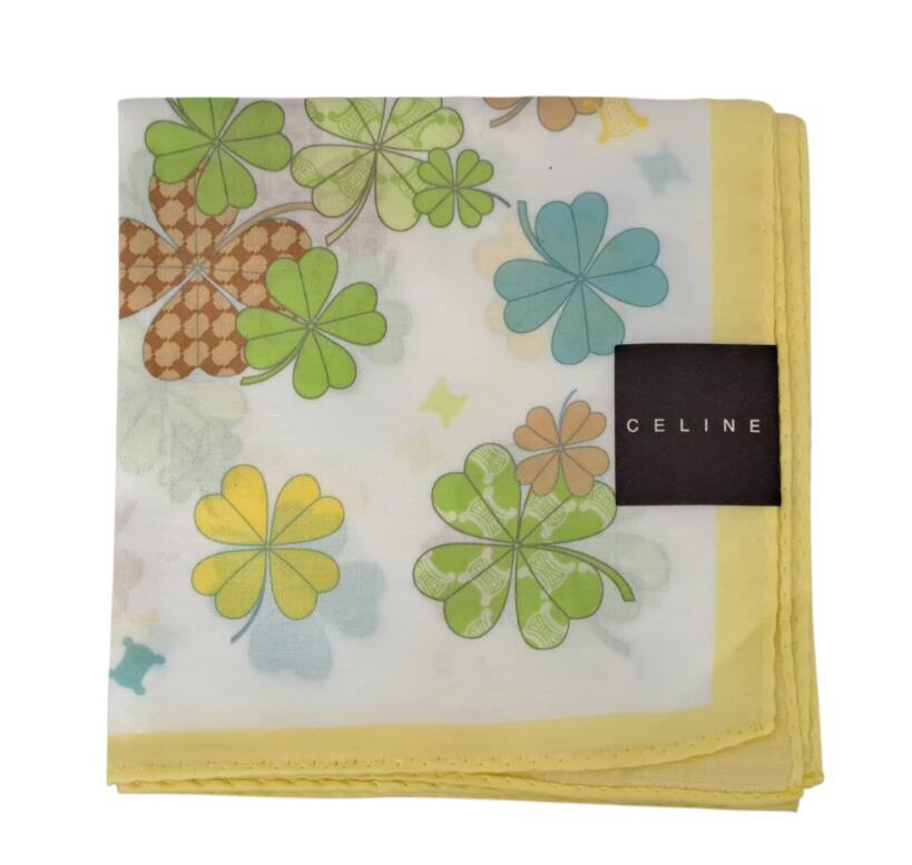 未使用 セリーヌ ハンカチ クローバー イエロー ホワイト スカーフ CELINE 綿 100% コットン レディース 【中古】拍卖