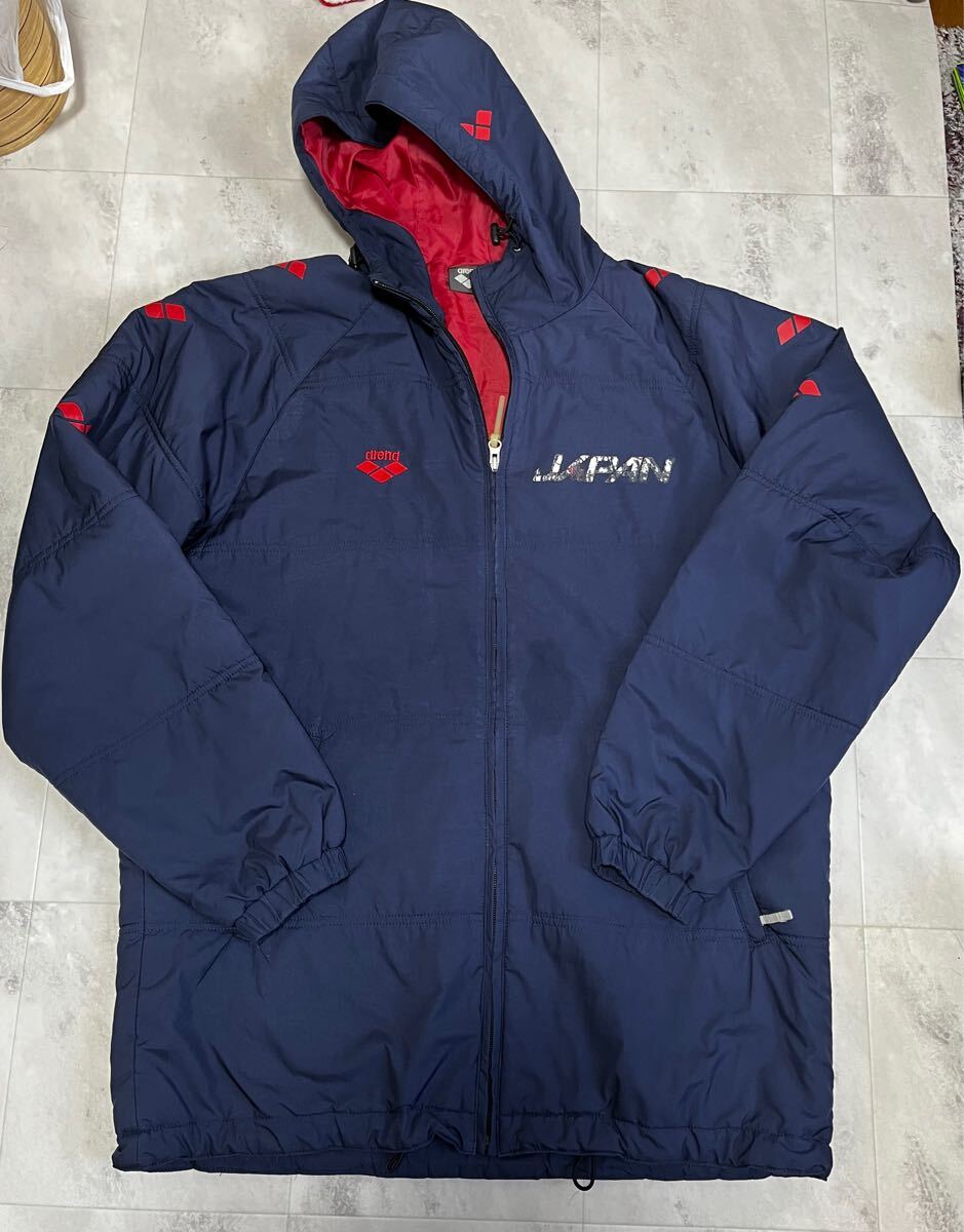 arena/アリーナ 中綿ジャンパー ジャケット☆ショートベンチコート☆防寒ウインドブレーカー/水泳/ネイビー/Lサイズ デサント製拍卖