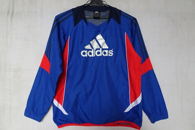 adidas/アディダス/ジュニア/長袖プルオーバー/ナイロン系素材/裏地メッシュ/紺ライン/赤切替/スポーツ/青/ブルー/150サイズ(11/1R6)拍卖