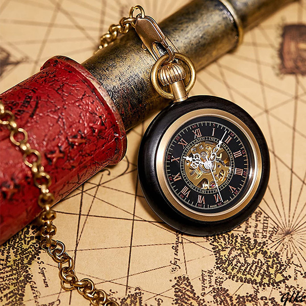 【木製スケルトン懐中時計 手巻き式】 懐中時計 手巻き スケルトン 木製 マホガニー アンティーク ローマ数字 ギフト時計拍卖