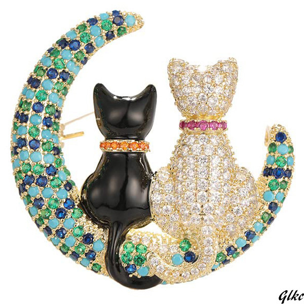 【普段のカジュアルなシーンにぴったり】ブローチ 三日月の猫 おしゃれ レディース カラー・ジルコニア フォーマル プレゼント ギフト拍卖