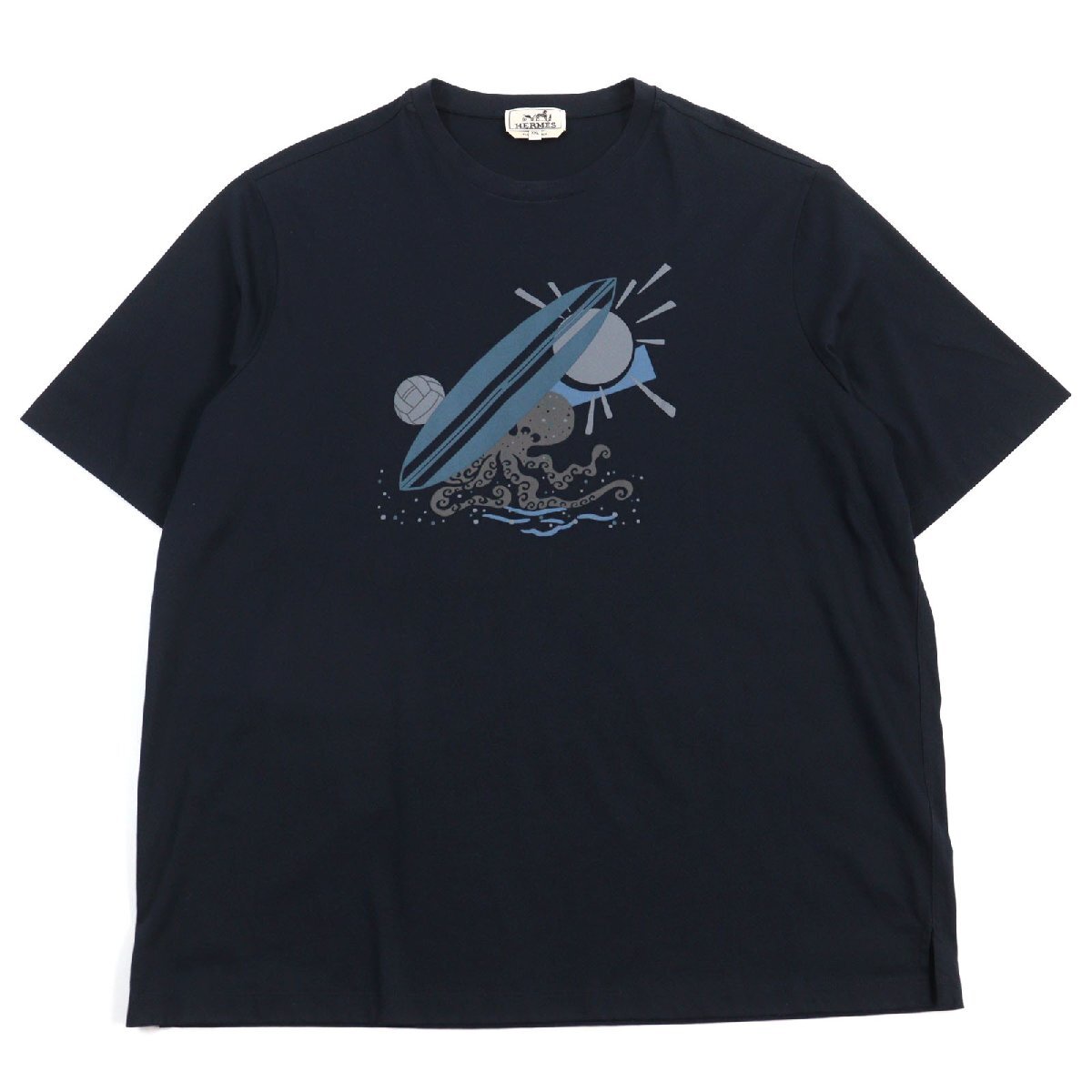 未使用品○HERMES エルメス 23SS Poulp Watch タコ プリントデザイン クルーネック カットソー 半袖Tシャツ 紺系 XXL 正規品 メンズ拍卖