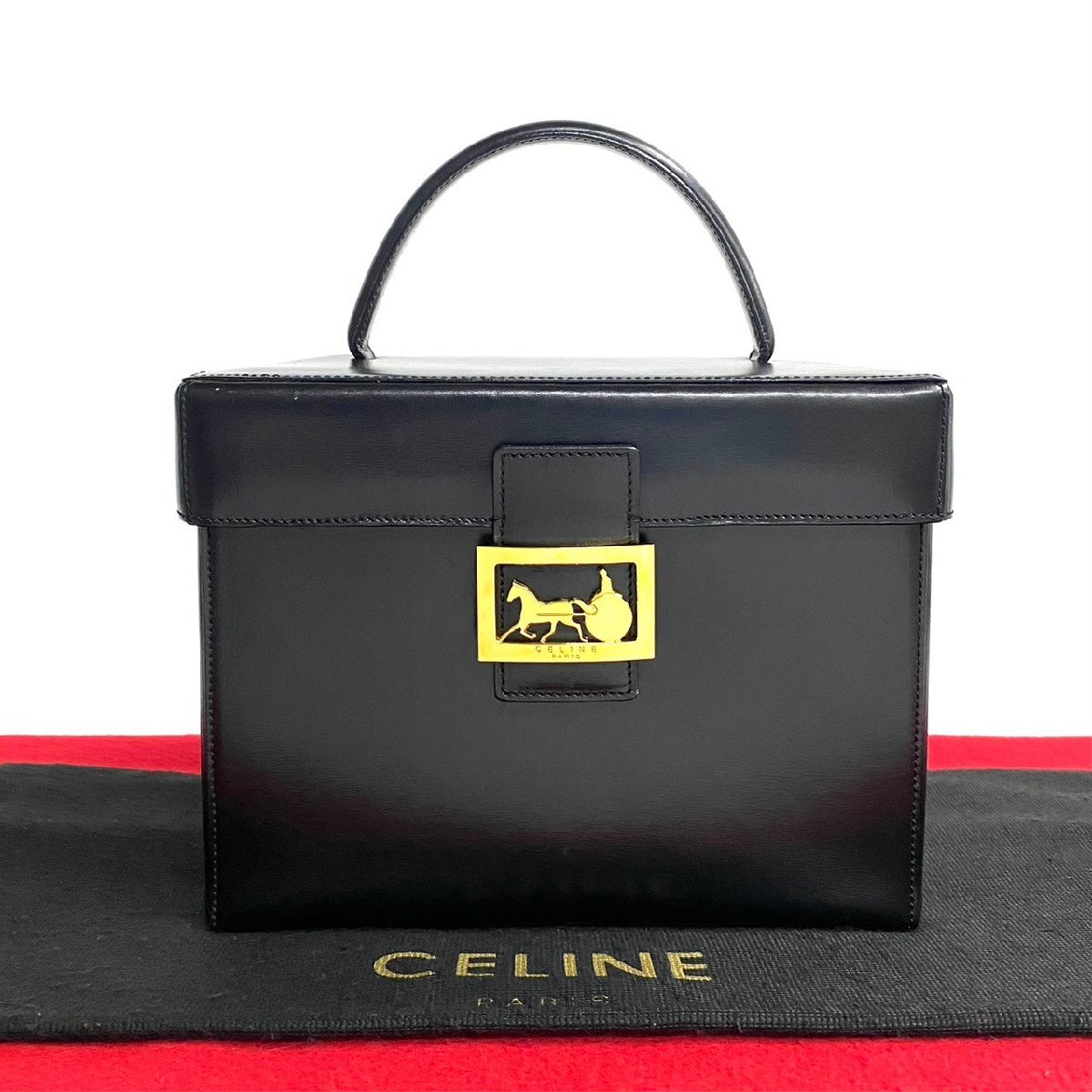 極 美品 CELINE セリーヌ ヴィンテージ 馬車 金具 カーフ レザー 本革 ハンドバッグ バニティバッグ メイクボックス ブラック 23191拍卖
