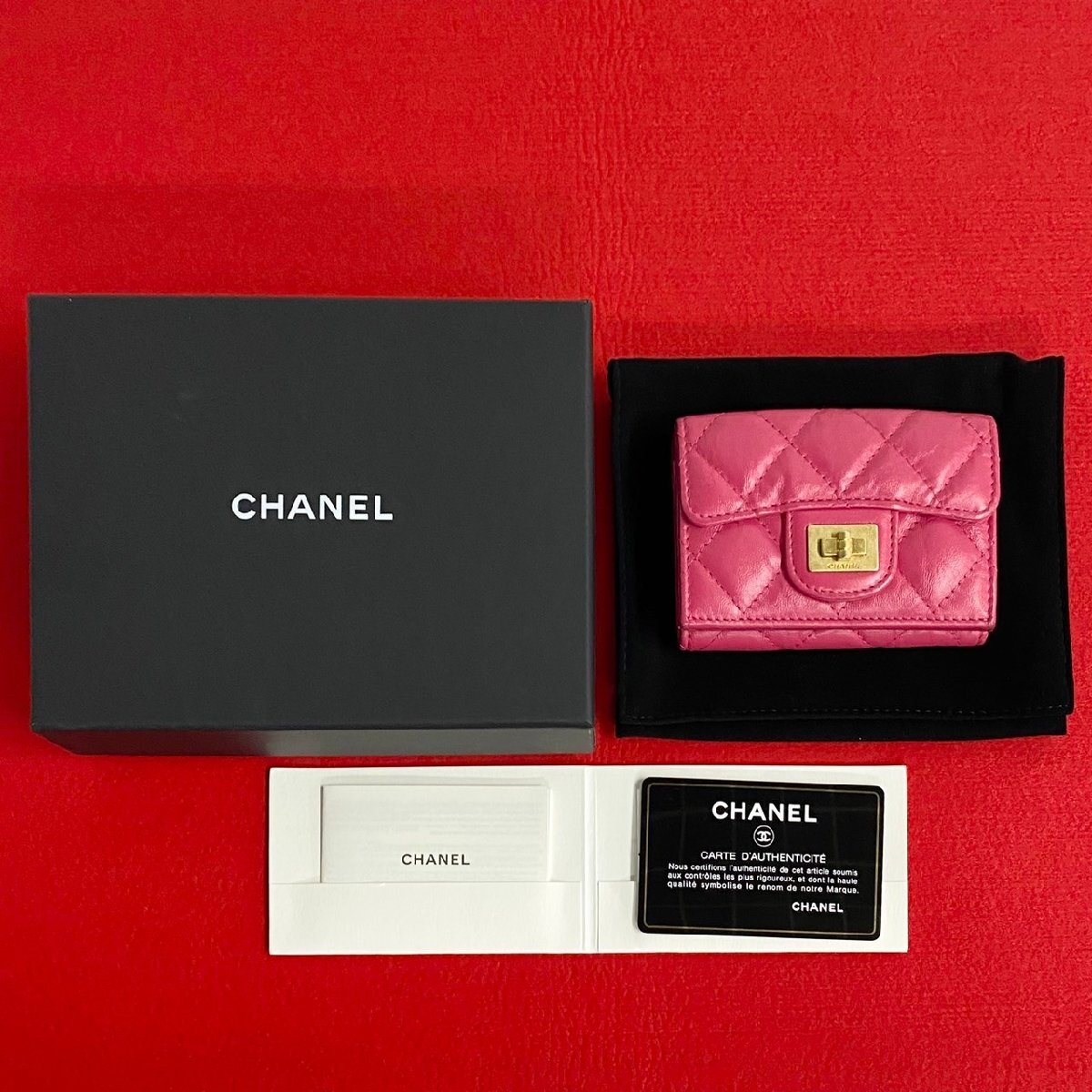 極 美品 箱 袋付き カード シール有 30番台 CHANEL シャネル 2.55 ラムスキン 三つ折り 財布 ミニウォレット 札入れ 小銭入れ ピンク e92-4拍卖