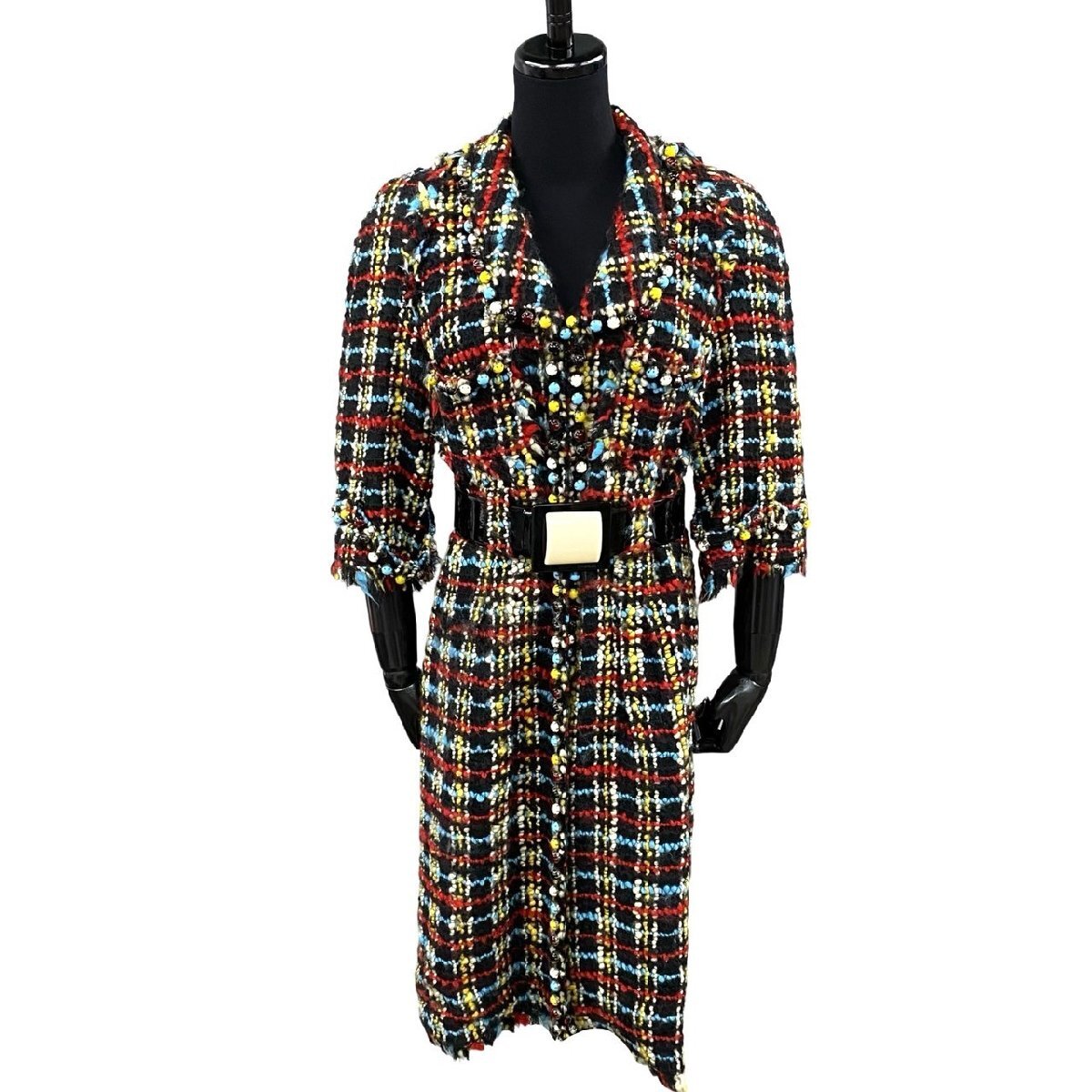 極 美品 希少品 CHANEL シャネル 07A チェック ウール シルク セットアップ ロング ジャケット 42 スカート 34 レディース ブラック 34361拍卖