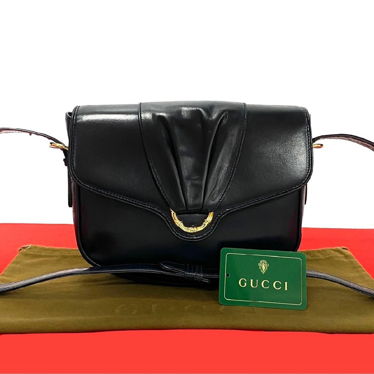 極 美品 希少品 GUCCI グッチ オールドグッチ ヴィンテージ バンブー 金具 レザー 本革 ショルダーバッグ ポシェット ブラック 123-1拍卖