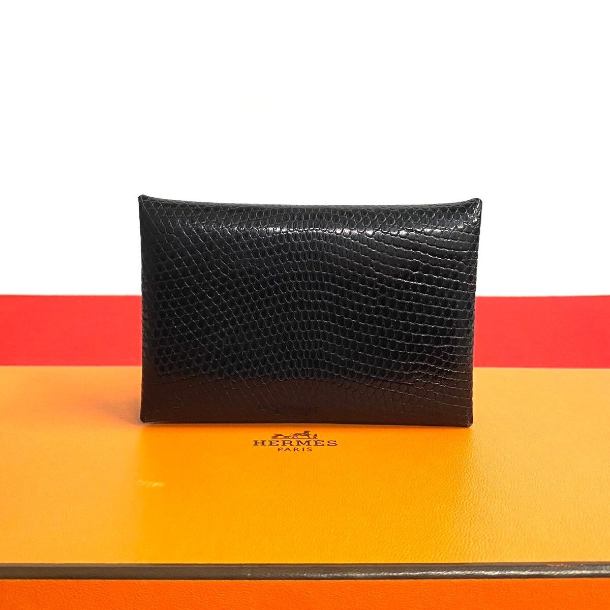 ほぼ未使用 希少品 U刻印 HERMES エルメス カルヴィ リザード レザー 本革 カードケース 名刺入れ パスケース 小銭入れ ブラック 80510拍卖