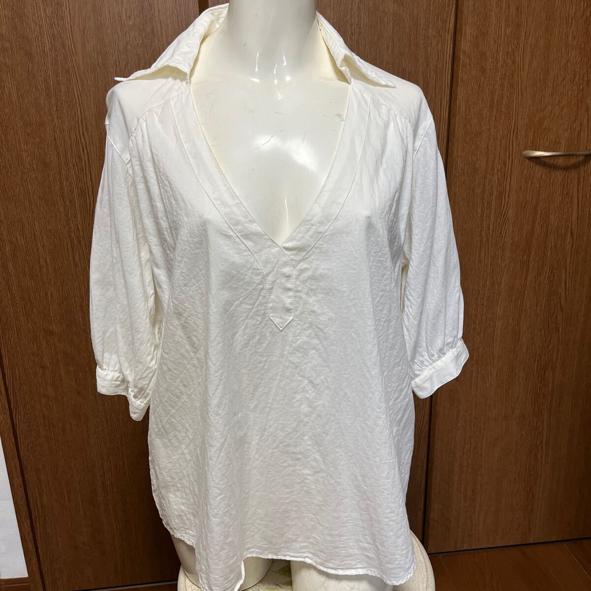 ONE WAY プルオーバー M カットソー 生成り ナチュラル Vネック 半袖 チュニック拍卖