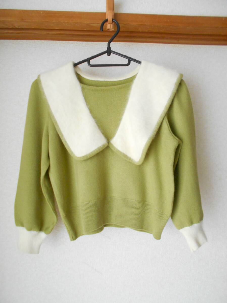★美品★モヘアの大き目な襟が付いたセーター セーラー風デザイン Mサイズ ☆淡いグリーン系色拍卖
