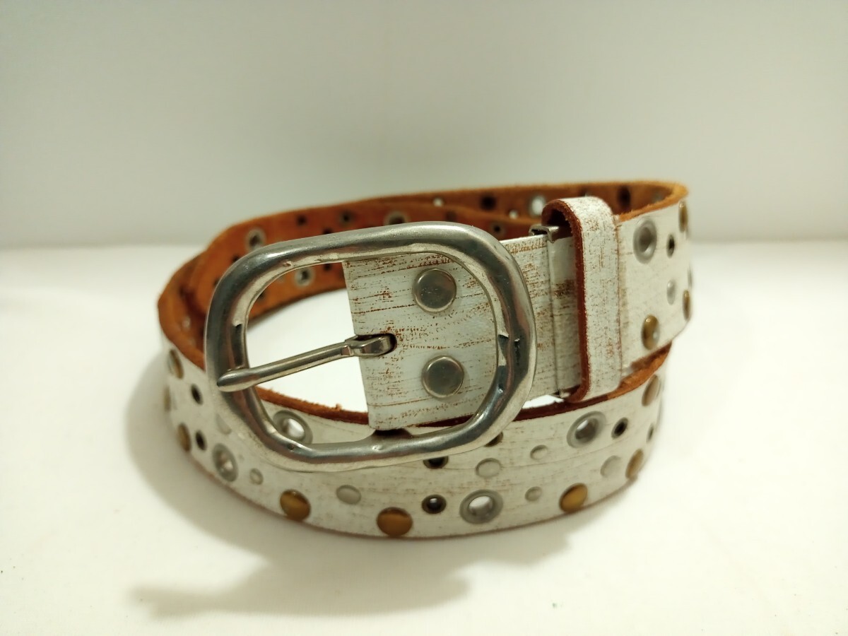 一枚革ベルト ダメージ加工 ウエスト72cm~83cm 38mm幅 白色拍卖