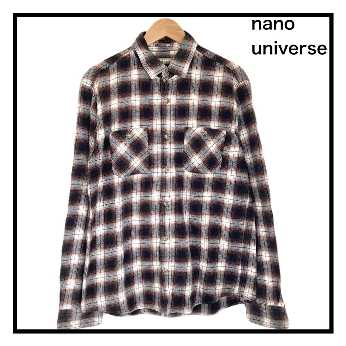ナノユニバース チェックシャツ コットン100% 長袖 メンズ ダークブラウン拍卖