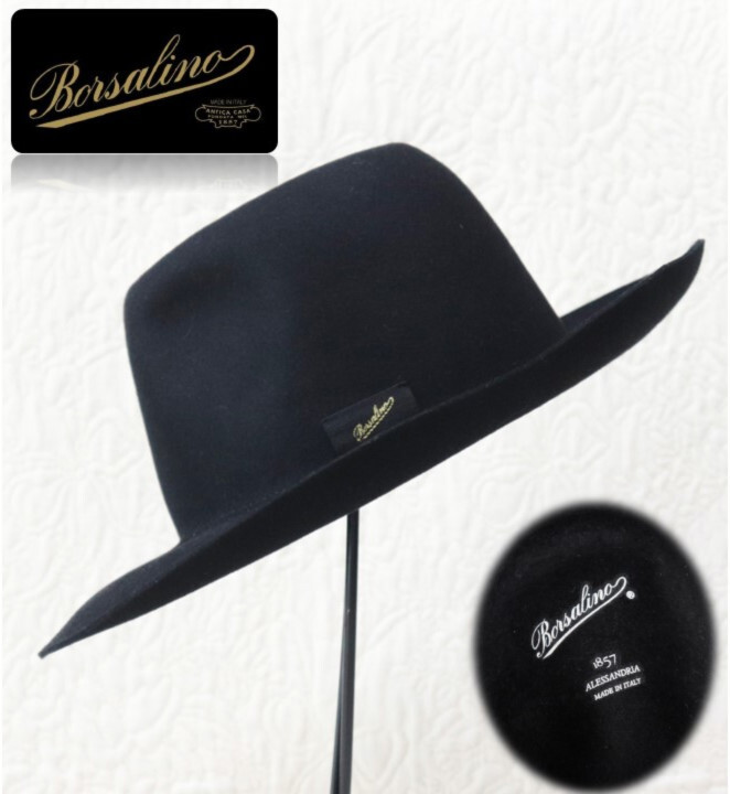 47,300円新品タグ付き【ボルサリーノ】人気のワイドブリム ラビットファー フェルトハット 黒 57 v5974拍卖