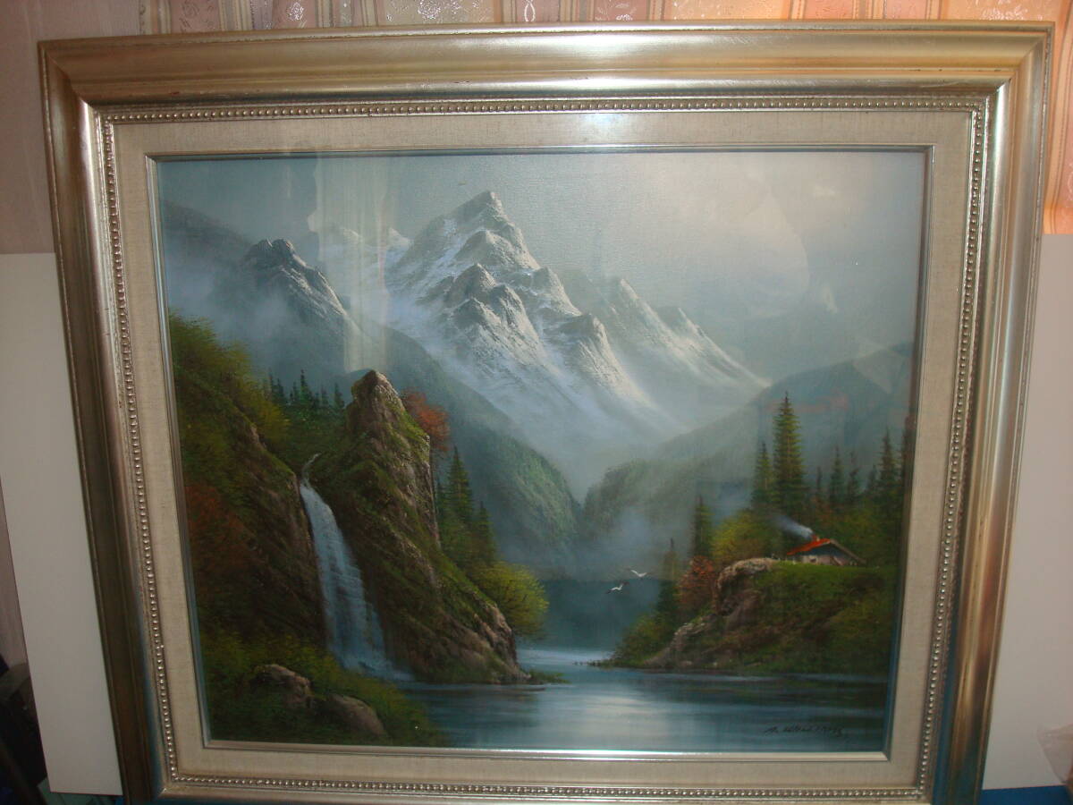 油彩真筆画 A・Williams 作 「スイスの渓谷風景画」 PYFS30拍卖
