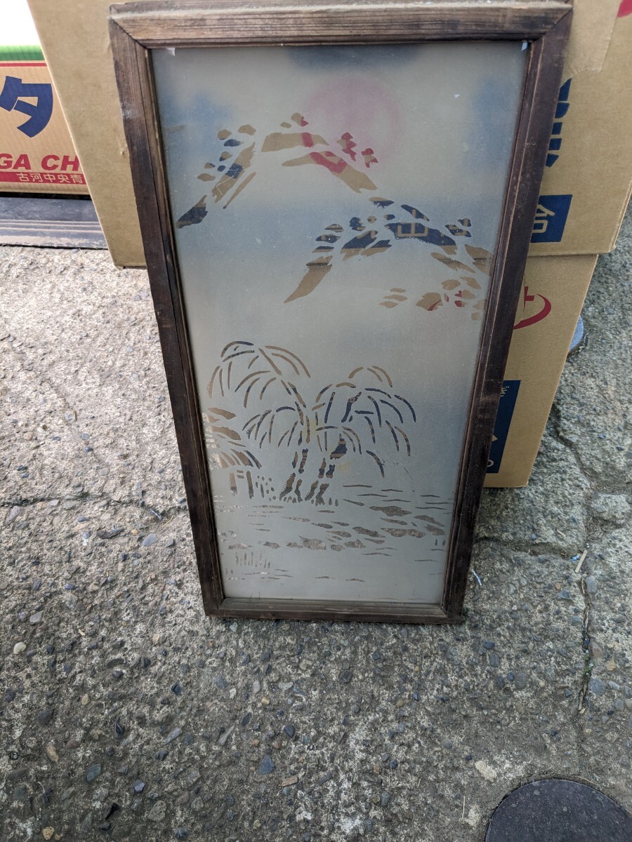 大正時代 ガラス画 当時物 レトロ くもりガラス 富士山 欄間 横22.5×縦47センチ拍卖