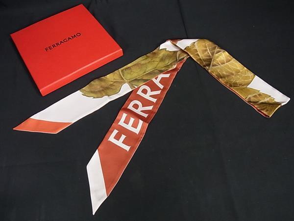 ■新品同様■ Salvatore Ferragamo フェラガモ シルク100% フルーツ柄 ツイリー リボンスカーフ レッド系 FD2817拍卖