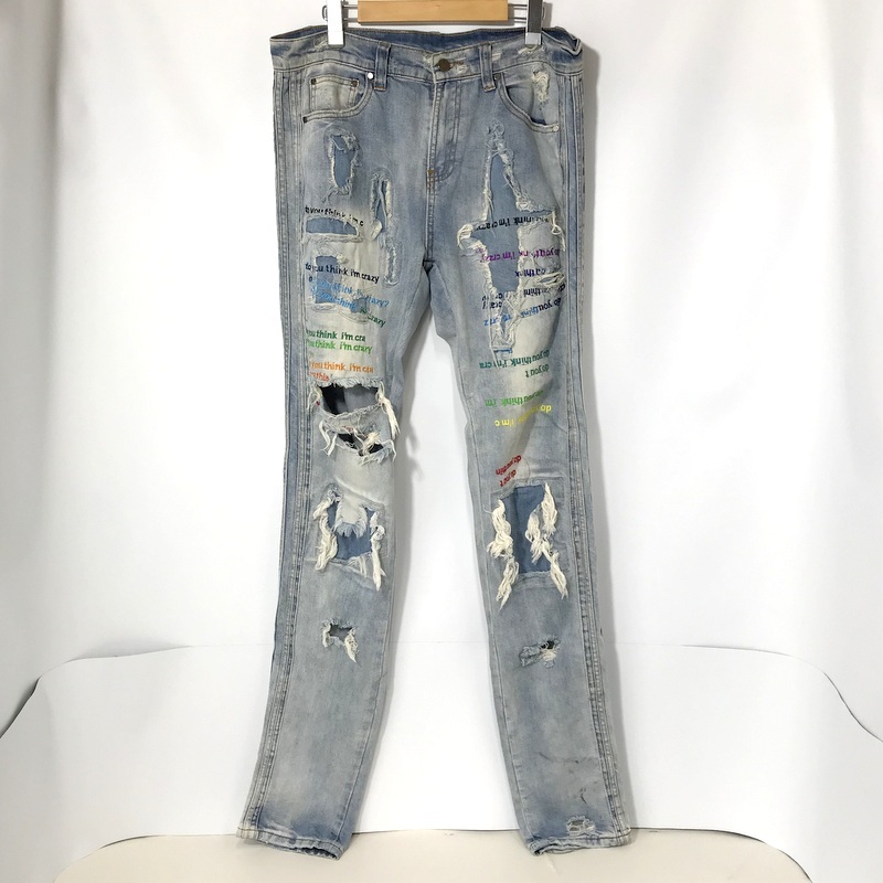 EV BRAVADO クラッシュデニムパンツ ダメージデニム 刺繍 ジーンズ ジーパン DENIM 古着 サイズ34 L相当 エブ ブラバド ボトムス A11916◆拍卖