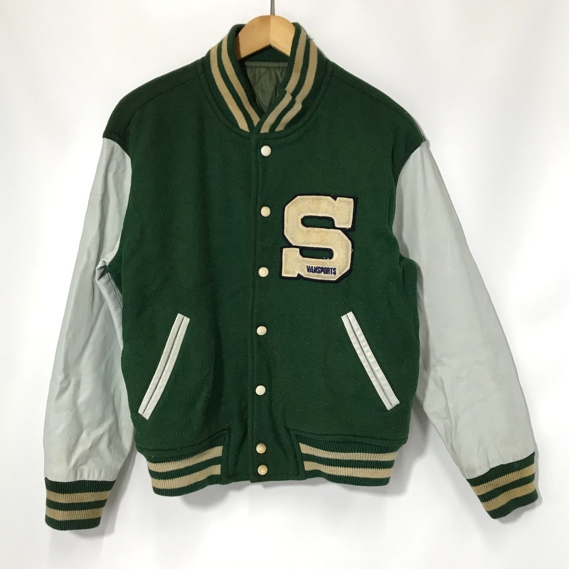 Vansports スタジャン スタジアムジャンパー ブルゾン バーシティジャケット 古着 Lサイズ グリーン ヴァンスポーツ アウター A12228◆拍卖