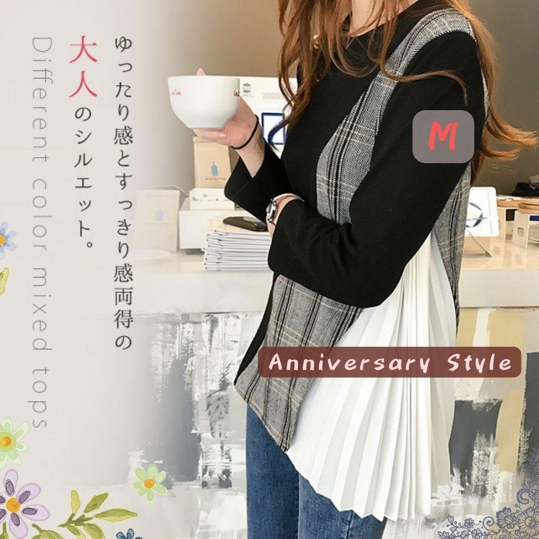 黒 M 即納 カットソー トップス 異素材MIX ブラウス チェック プリーツ 長袖 7340886 Tシャツ レディース 大人可愛い 韓国ファッション拍卖