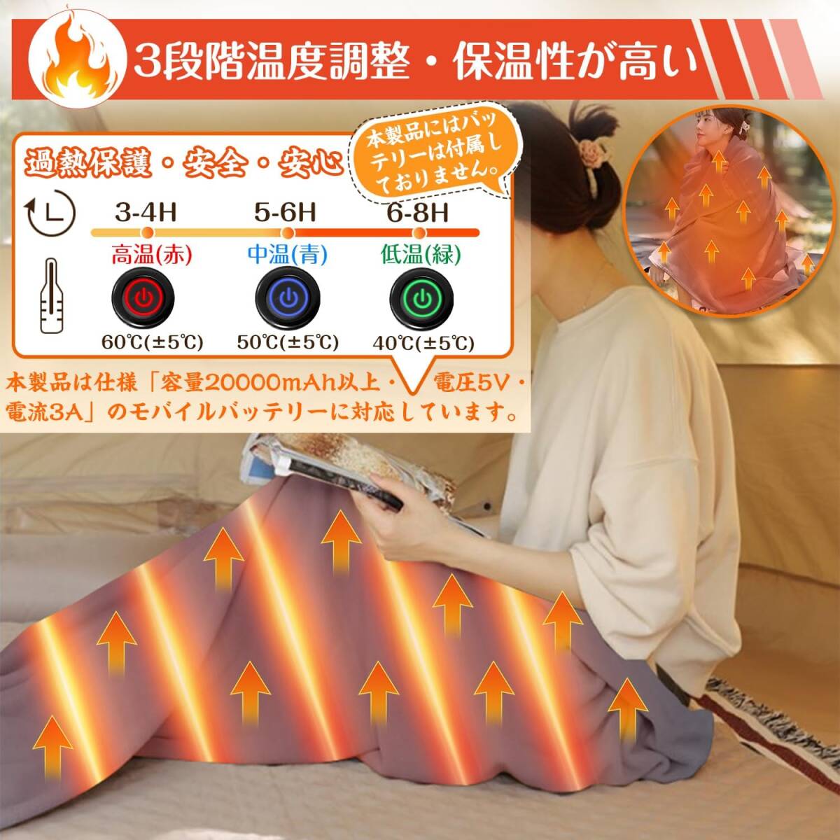 洗える寝袋用USB給電式電熱パッド | グレー・198CM*64CM拍卖