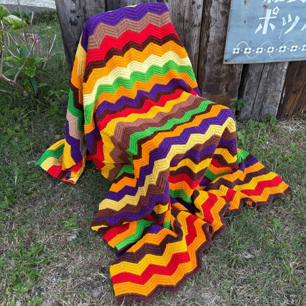 【USA vintage】granny blanket グラニーブランケット ラグ カラフル ギザギザ拍卖