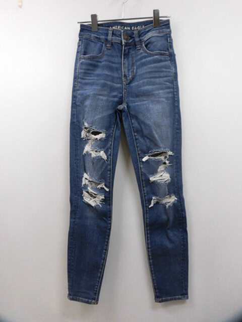 AMERICAN EAGLE OUTFITTERS アメリカンイーグル アウトフィッターズ デニムパンツ スキニー ダメージ加工 ロゴ刺繍 ブルー 青 US/0拍卖