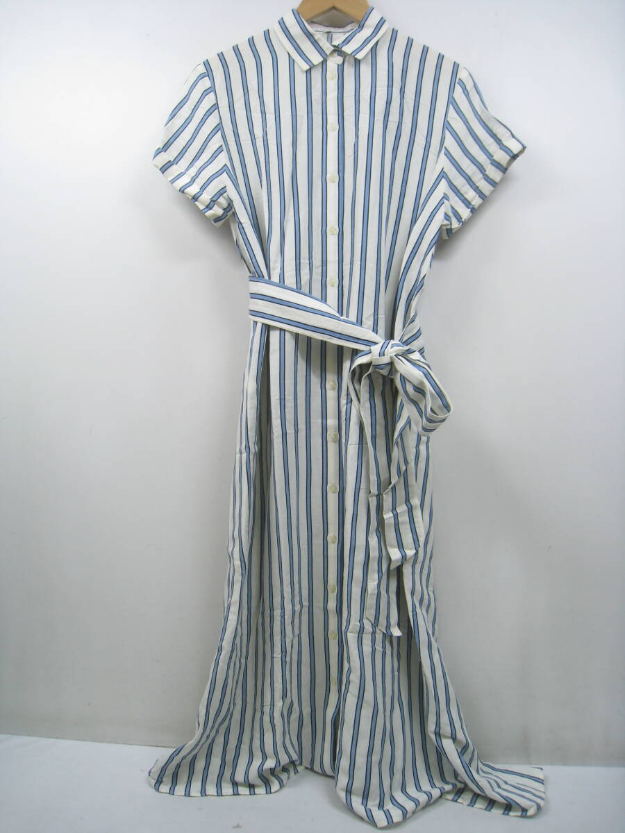 MOUSSY マウジー シャツワンピース ストライプ 半袖 ロング 麻混 リネン 白×水色 ホワイト ライトブルー サイズF拍卖