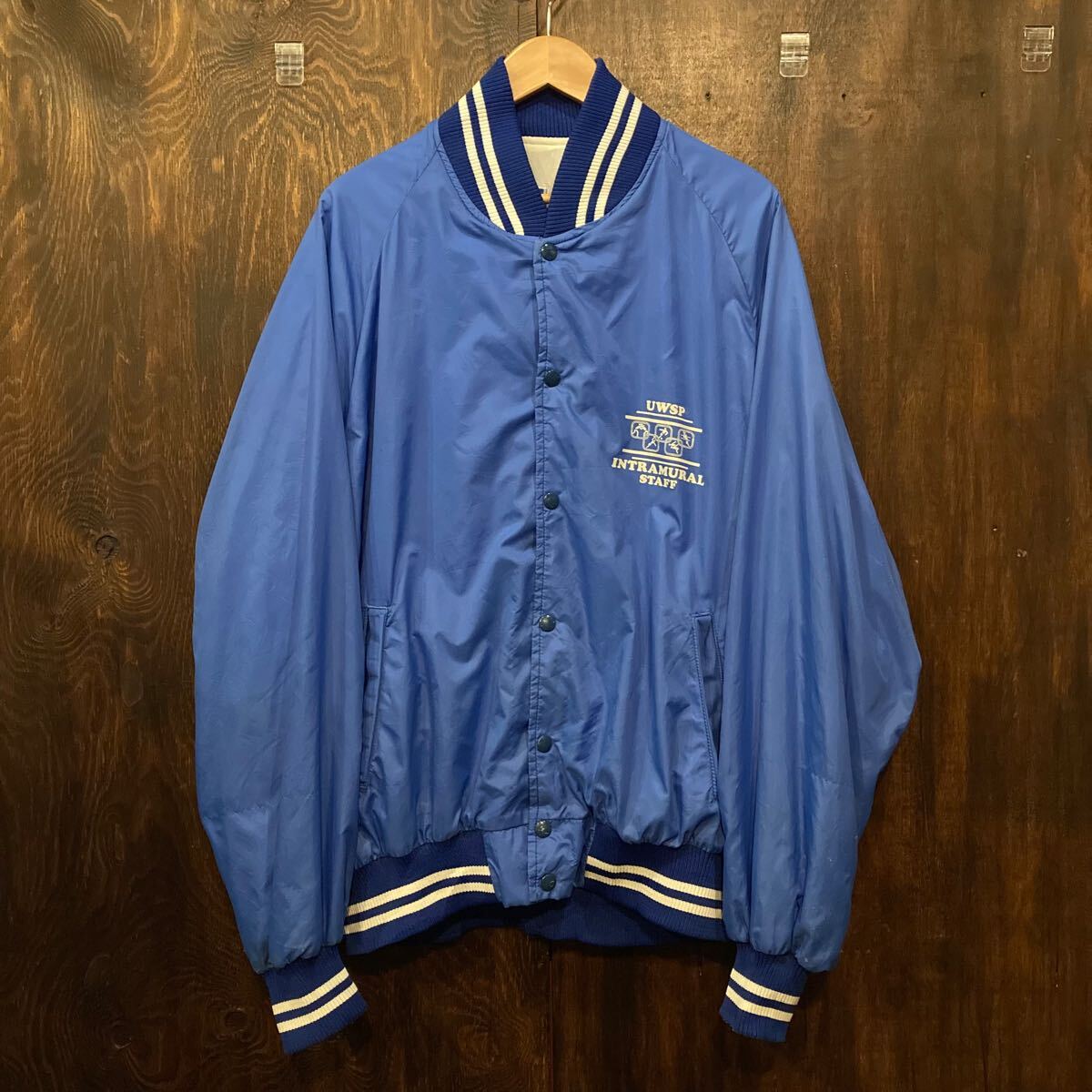 Champion ナイロンスタジャン アワードジャケット 90s カレッジ 青 USA古着 アメリカ古着 ナイロンブルゾン拍卖