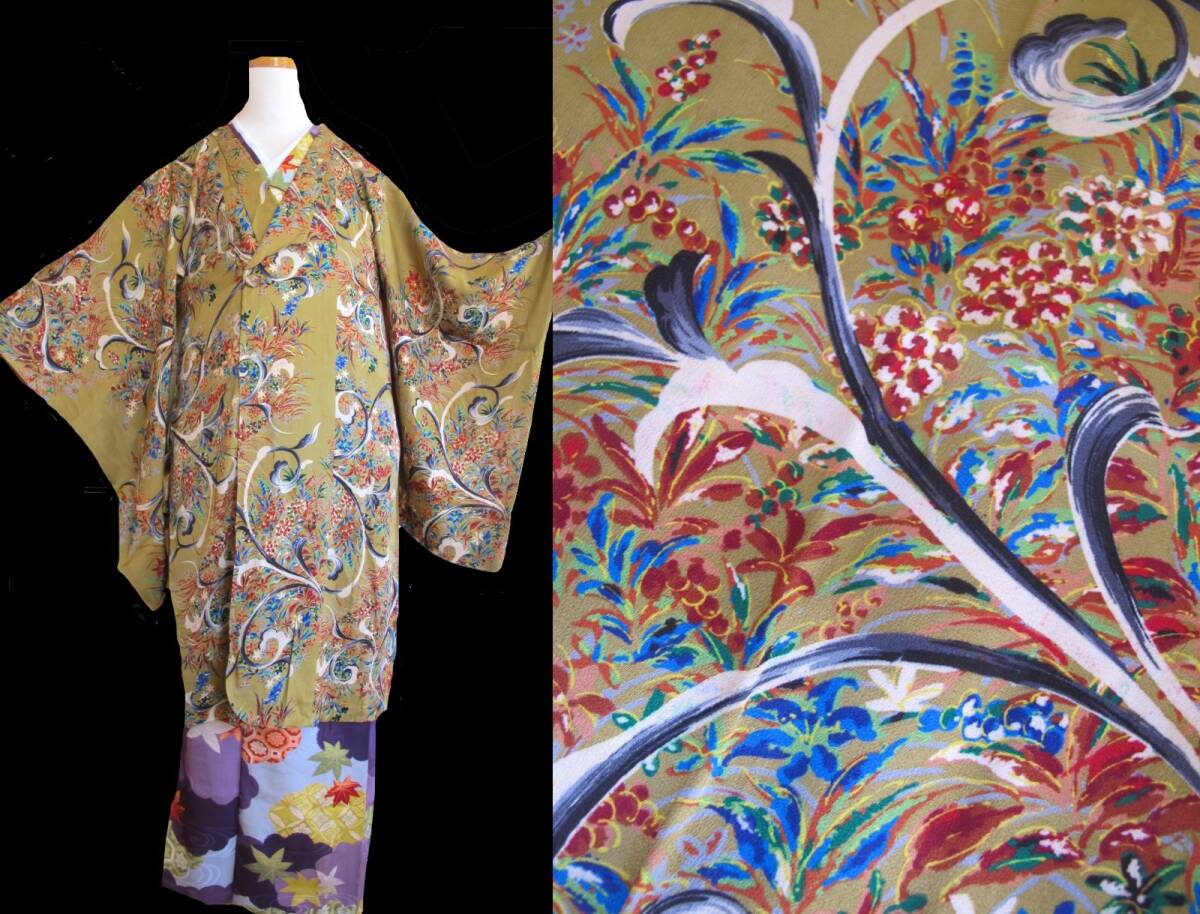 高島屋扱い 花唐草模様 油彩風 アンティーク道行 和装コート拍卖