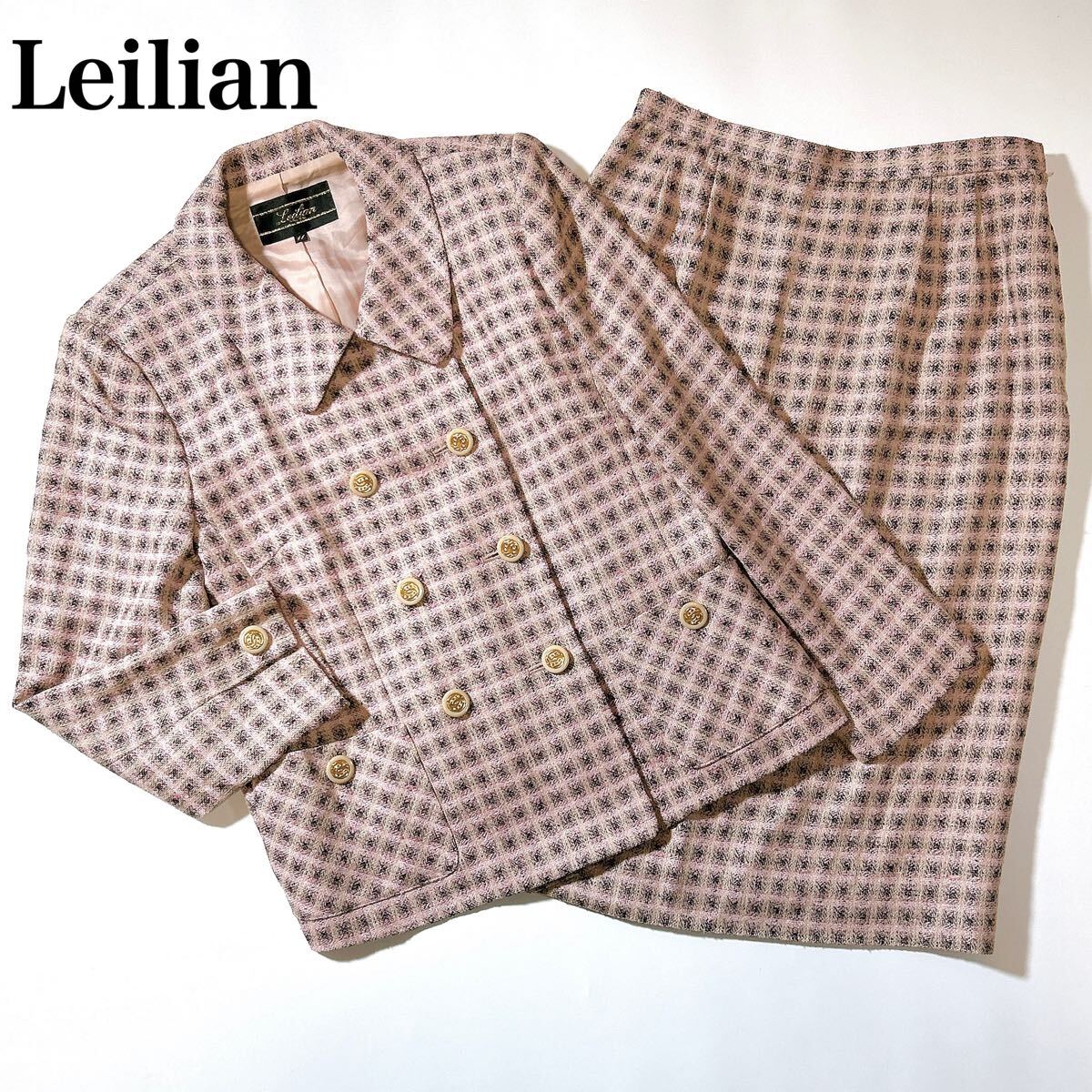Leilian レリアン レトロ バブリースーツ セットアップ 11 L チェック 金ボタン ジャケット レディース C112405-30拍卖