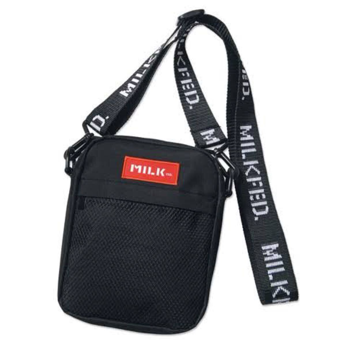 MILKFED. ロゴストラップ付きミニショルダーバッグ ポシェット ミニバッグ サコッシュ ハンドバッグ 黒 カジュアル シンプル 付録拍卖