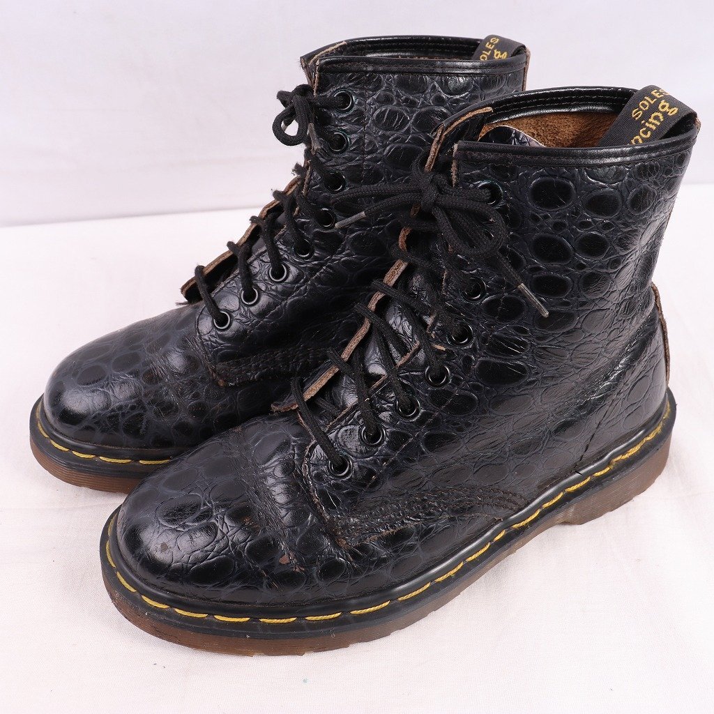 英国製ドクターマーチン UK6/24.5cm~25.0cm/8ホール クロコダイル ブーツ 黒 メンズ レディース drmartens イングランド 中古 dh4185拍卖