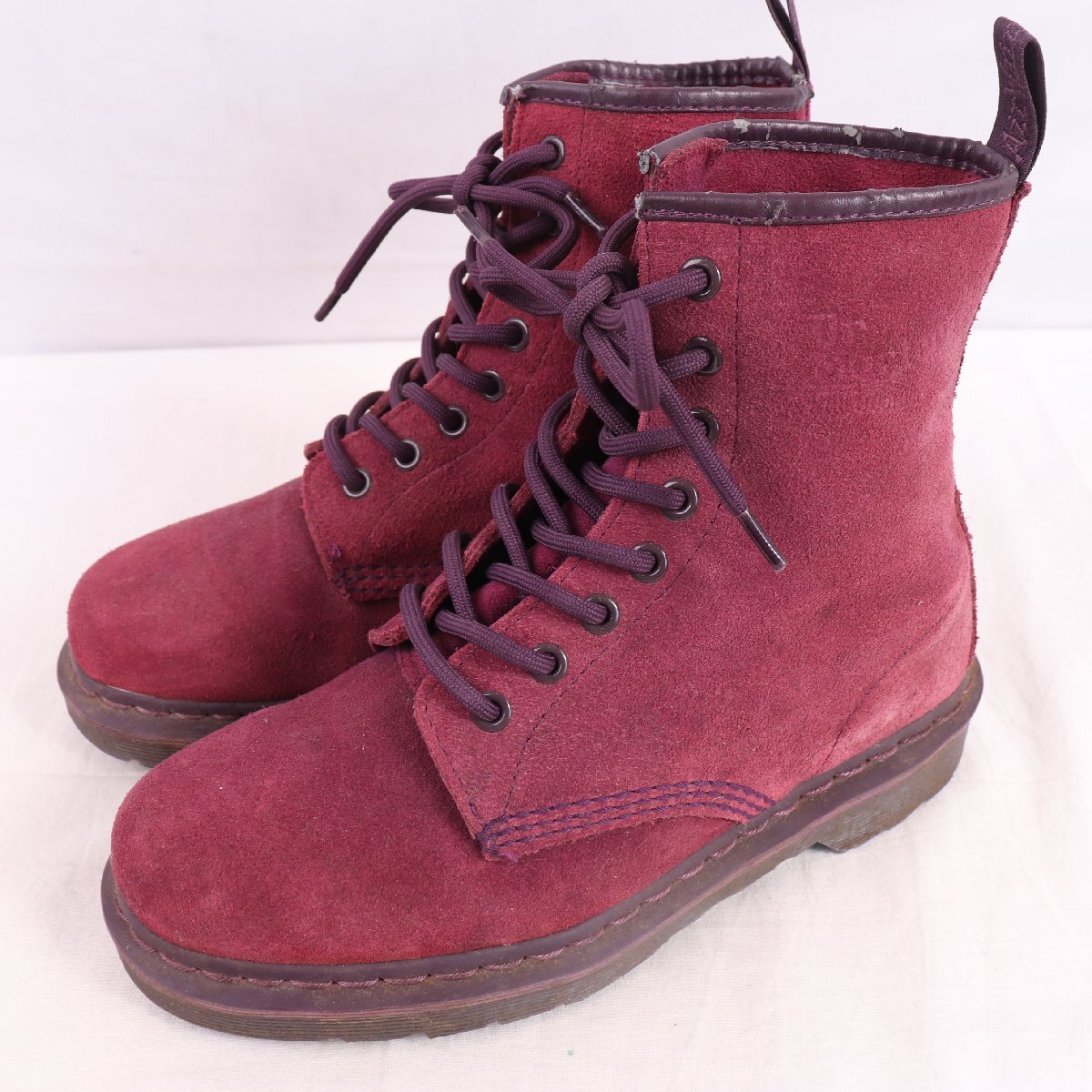 美品 ドクターマーチン UK5/23.5cm-24.0cm/8ホール スエード パープル ワイン ブーツ レディース レザー 本革 dr.martens 中古 dh4198拍卖