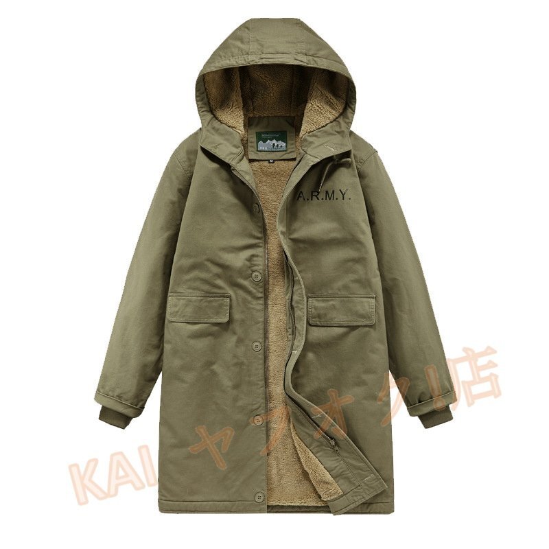 ☆新品 ロングコート モッズコート 裏フリース裏ボア メンズ アウター ミリタリー フード付き ヴィンテージ 冬用 グリーン 6XL拍卖