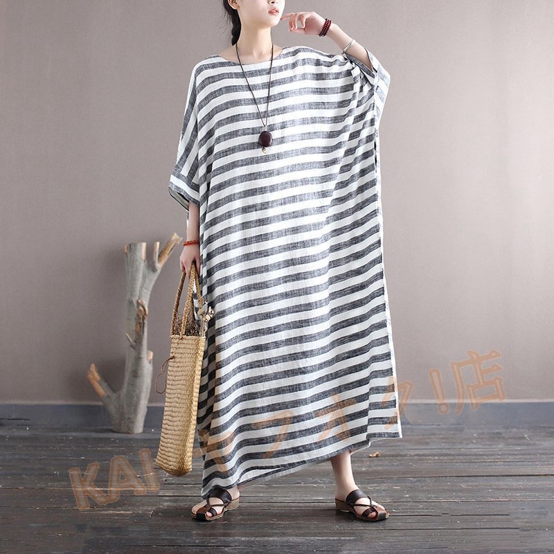 新品綿麻 マキシワンピース レディース ワンピース ストライプ 綿麻ワンピース 夏秋 薄手 ゆったり カジュアル M拍卖