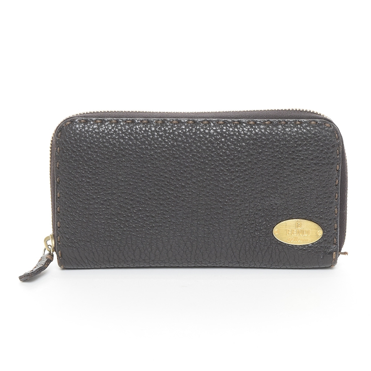◆490992 FENDI フェンディ ●ラウンドファスナー長財布 SELLERIA セレリア ロングウォレット レザー ダークブラウン拍卖