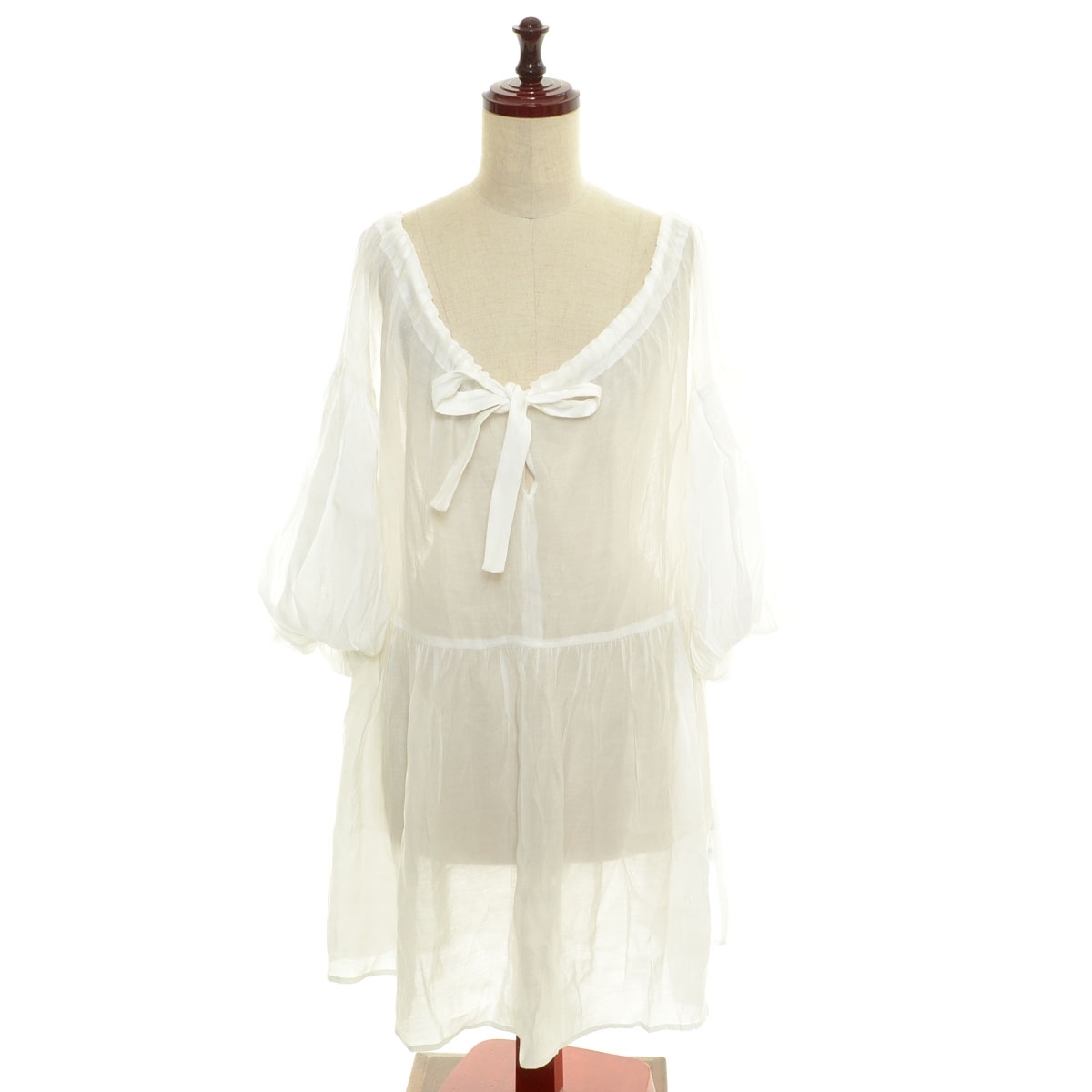 □524461 Olu. オルドット ブラウス ○2wayカラーチュニック ボリューム パフ リボン シアー サイズF 23ss レディース ホワイト拍卖