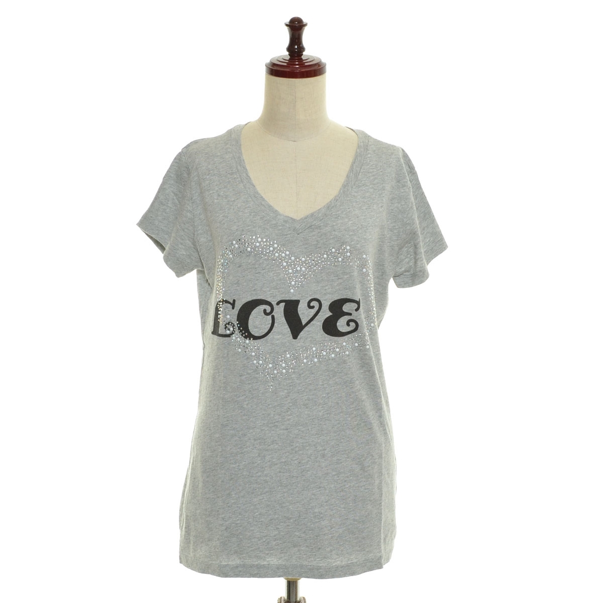 □525004 LALACUB ララキューブ ○半袖Tシャツ LOVE ハート ラインストーン サイズF レディース グレー拍卖