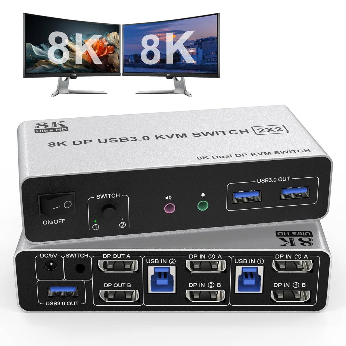 8K DisplayPort デュアル モニター KVMスイッチ 2 DisplayPortモニター2PC 分配器拍卖